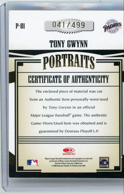 Tony Gwynn 2005 Donruss Playoff Prime Patches Portraits #'d 041/499
