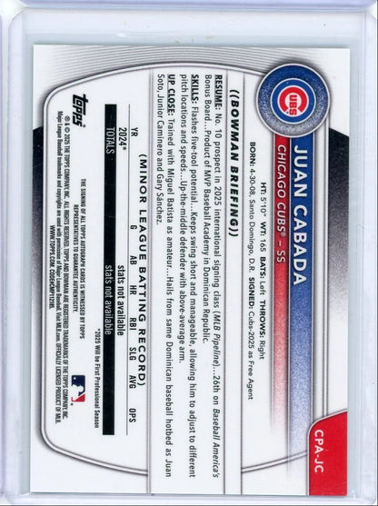 Juan Cabada 2025 1st Bowman Chrome autograph Green Lava ref. #'d 95/99