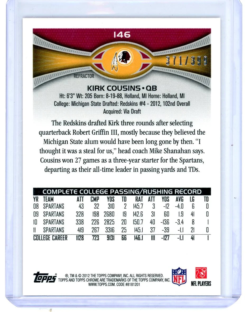 Kirk Cousins 2012 Topps Chrome rookie card pink refractor #'d 371/399