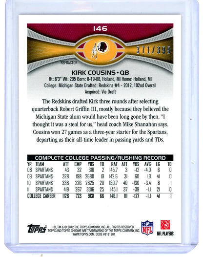 Kirk Cousins 2012 Topps Chrome rookie card pink refractor #'d 371/399