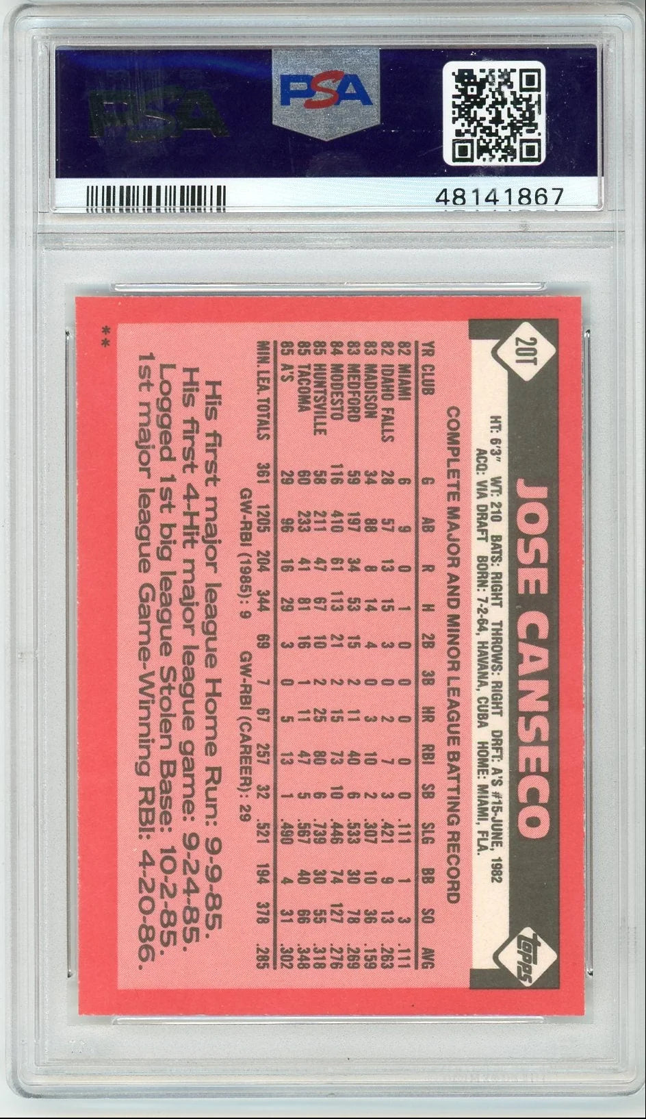 Jose Canseco 1986 Topps Traded #20T PSA 10