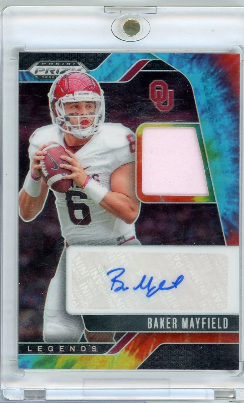 Baker Mayfield 2025 Panini Prizm Draft Picks autograph relic tie-dye prizm #'d 03/25