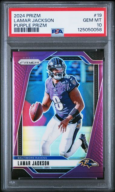 Lamar Jackson 2024 Panini Prizm Purple #'d 084/125 PSA 10