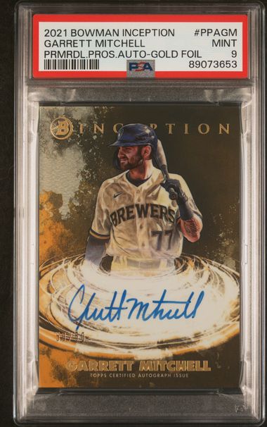 Garrett Mitchell 2021 Bowman Inception Autograph Gold #'d 50/50 PSA 9