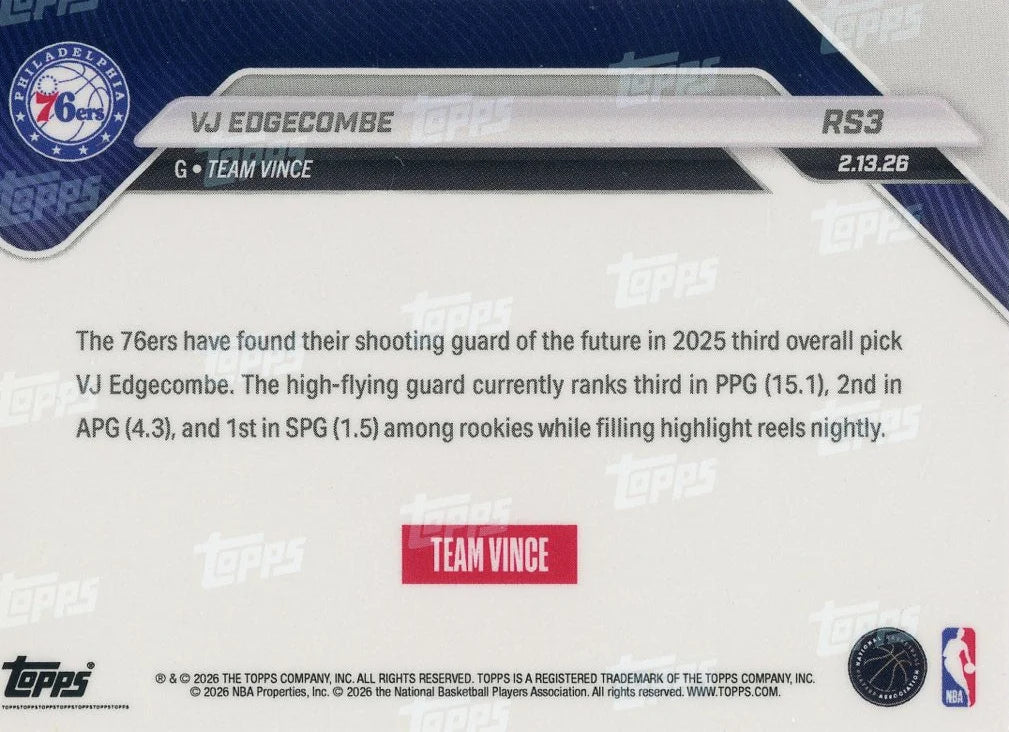 VJ Edgecombe 2026 Topps NOW Rising Stars rookie card #RS3