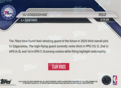 VJ Edgecombe 2026 Topps NOW Rising Stars rookie card #RS3