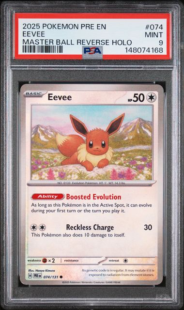 Eevee 2025 Pokemon Prismatic Evolutions Master Ball reverse holo #074/131 PSA 9