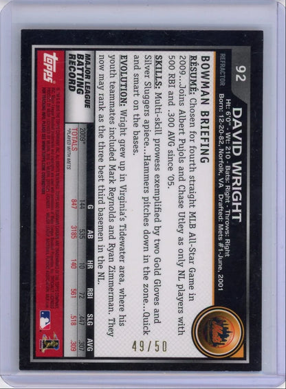 David Wright 2010 Bowman Chrome gold refractor #'d 49/50
