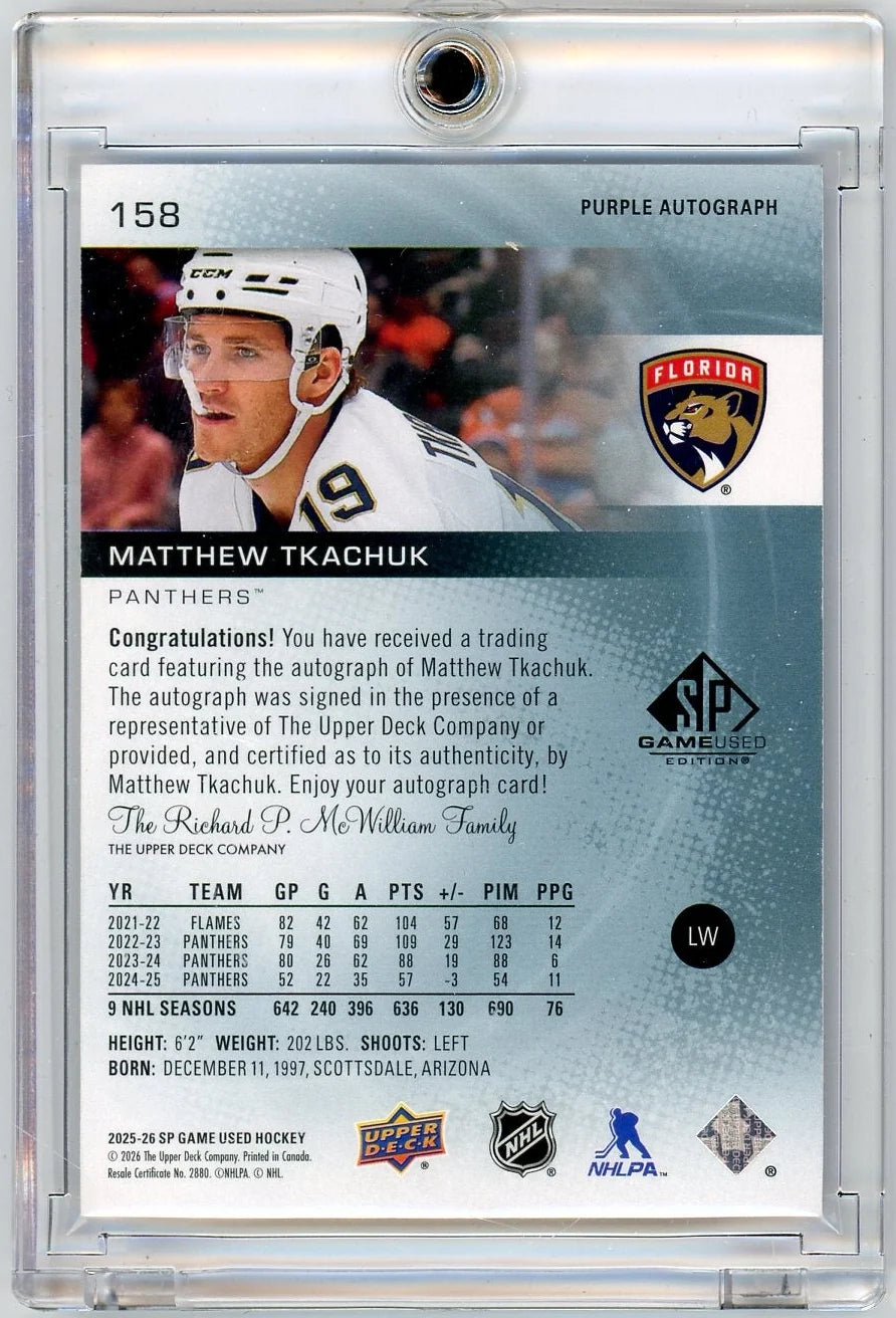 Matthew Tkachuk 2025-26 Upper Deck SP Game Used Purple Auto #'d 2/5