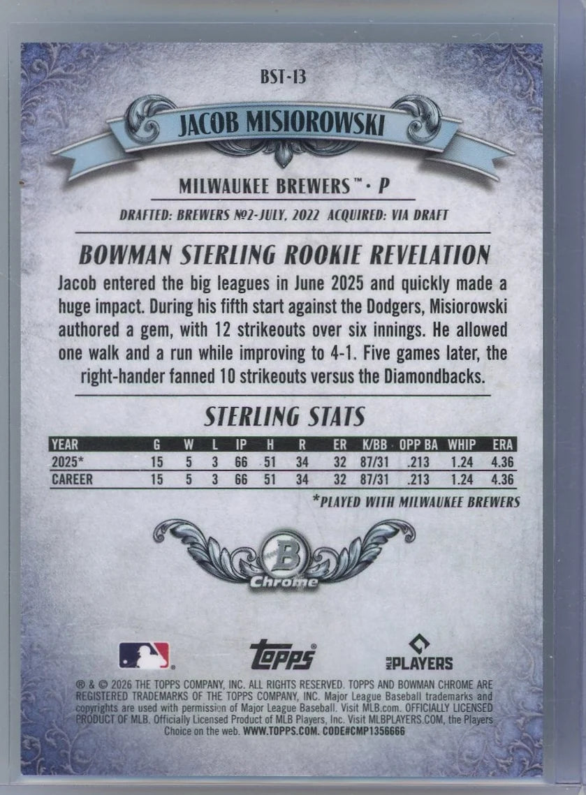 Jacob Misiorowski 2026 Bowman Chrome Bowman Sterling green mojo ref. RC #'d 91/99