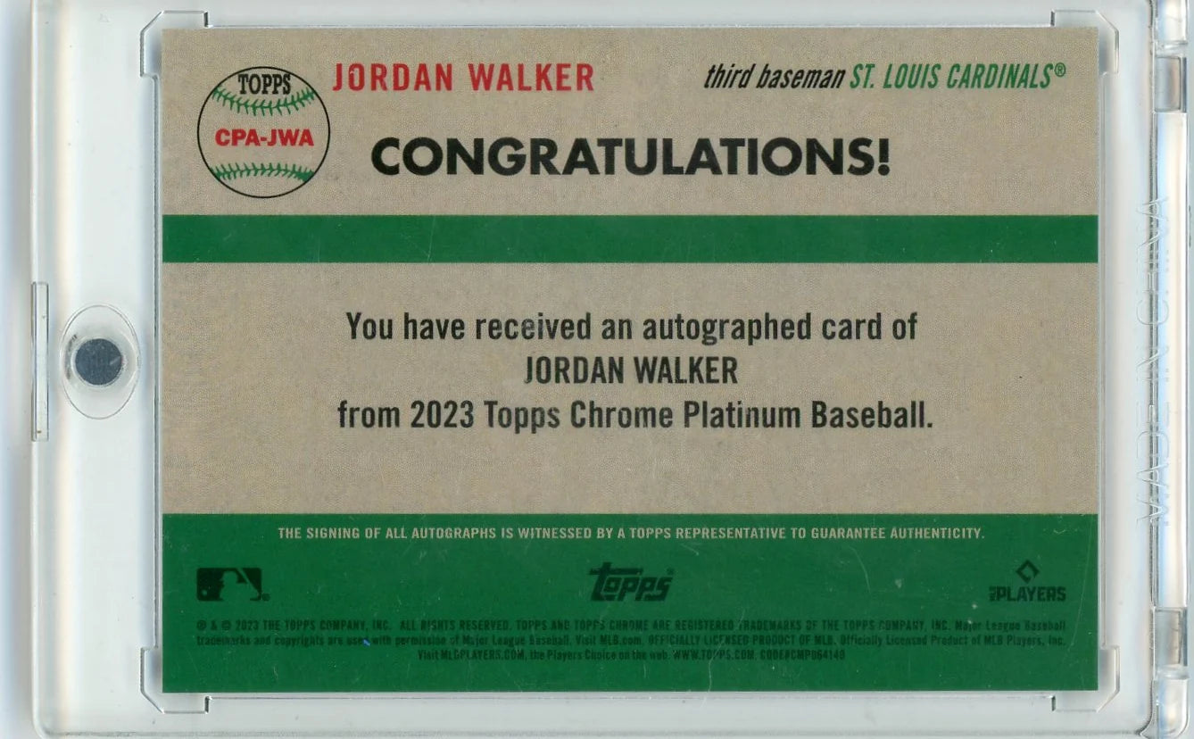 Jordan Walker 2023 Topps Chrome Platinum Tolie Cream / Blue Refractor Auto RC #'d 51/99