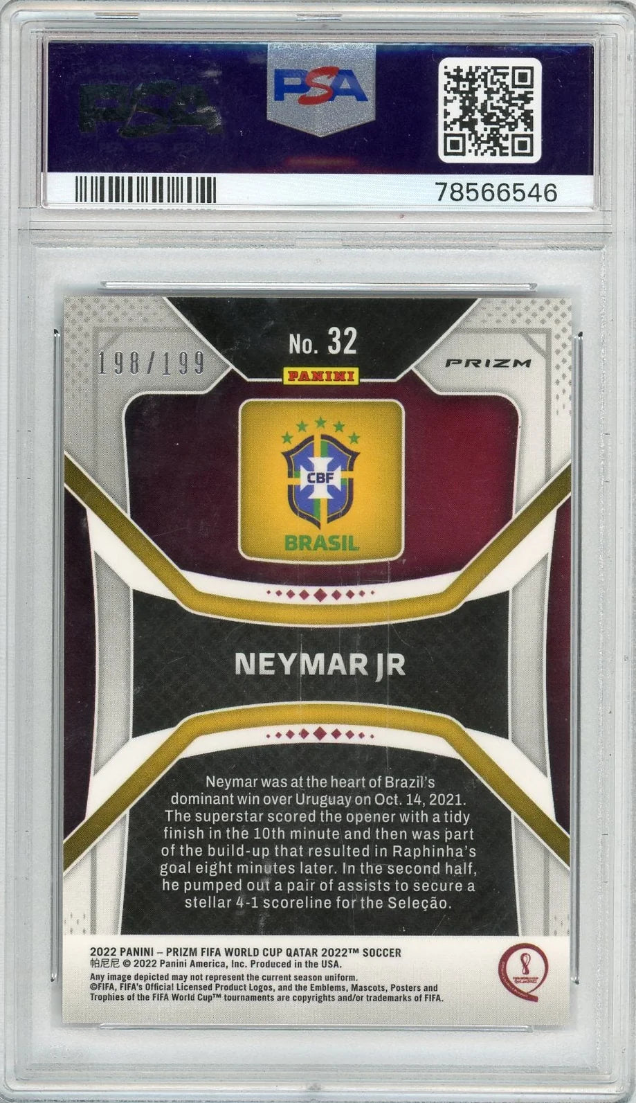 Neymar Jr 2022 Panini Prizm Fifa World Cup Qatar Purple #'d 198/199 PSA 10