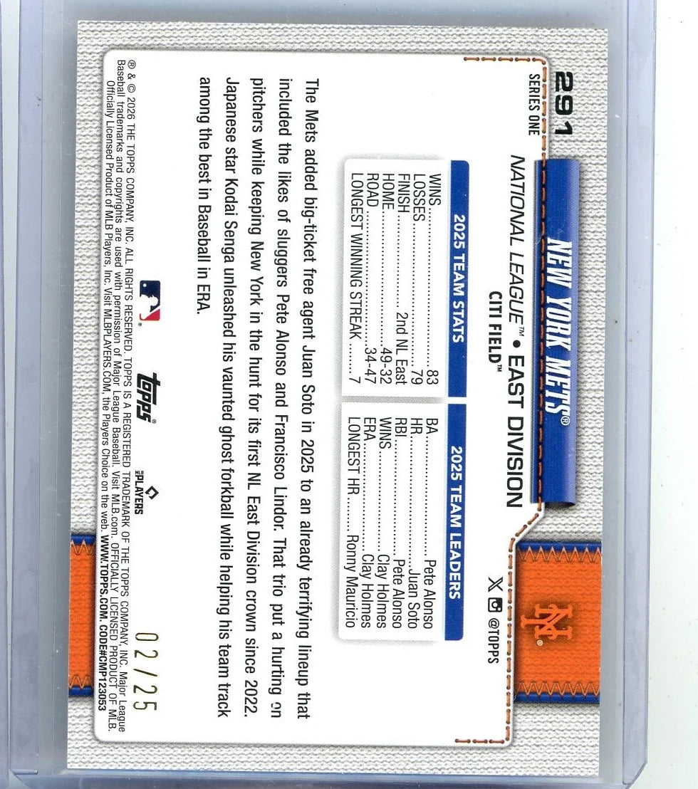 NY Mets Checklist 2026 Topps Series 1 orange foilboard #'d 02/25