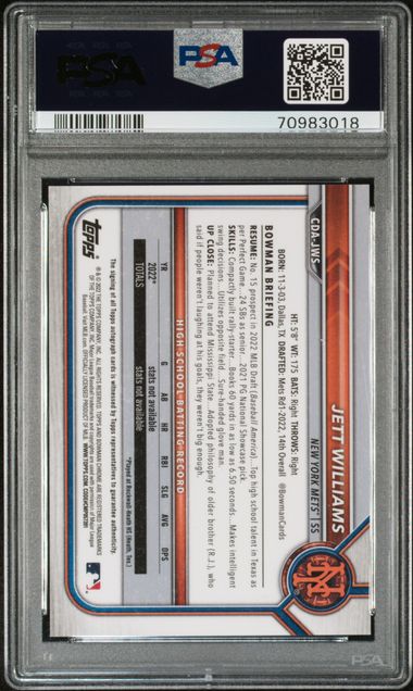 Jett Williams 2022 1st Bowman Draft autograph PSA 9