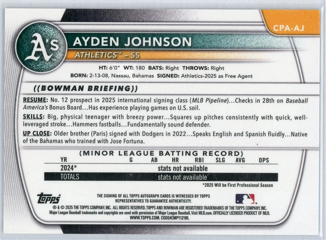 Ayden Johnson 2025 1st Bowman Chrome autograph black ref. #'d 10/10