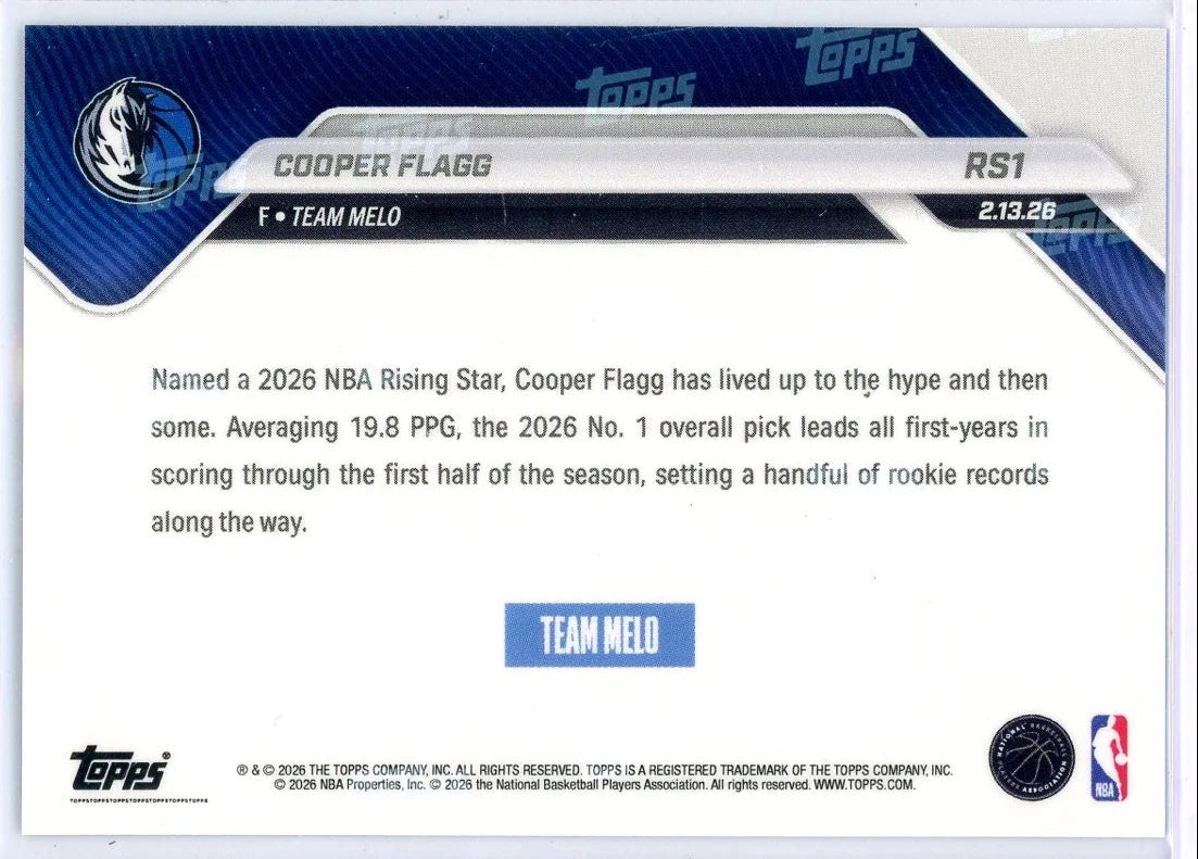 Cooper Flagg 2026 Topps NOW Rising Stars rookie card #RS1