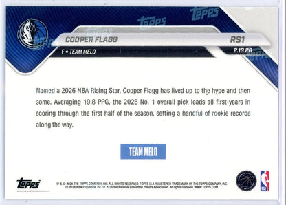 Cooper Flagg 2026 Topps NOW Rising Stars rookie card #RS1