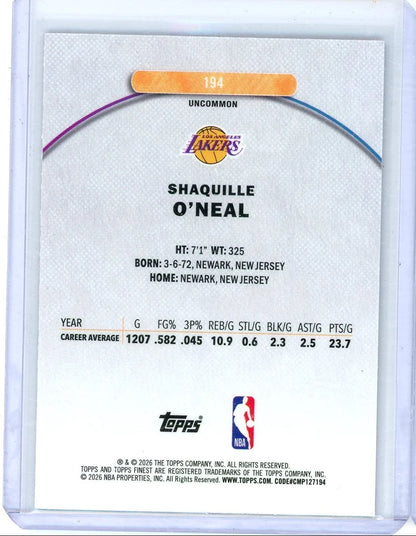 Shaquille O'Neal 2025-26 Topps Finest Purple Refractor #'d 024/200