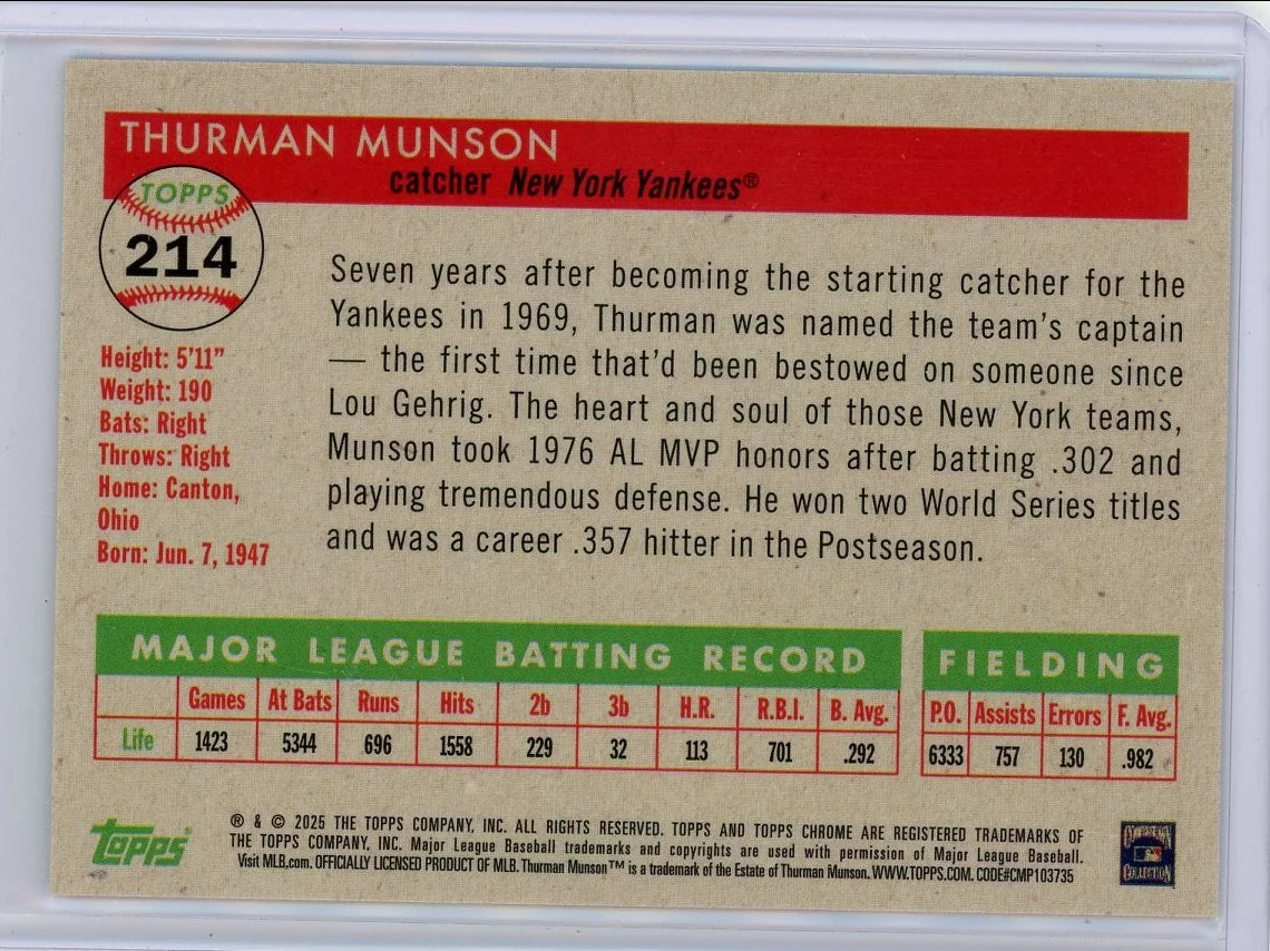 Thurman Munson 2025 Topps Chrome Platinum gold wave ref. #'d 22/50