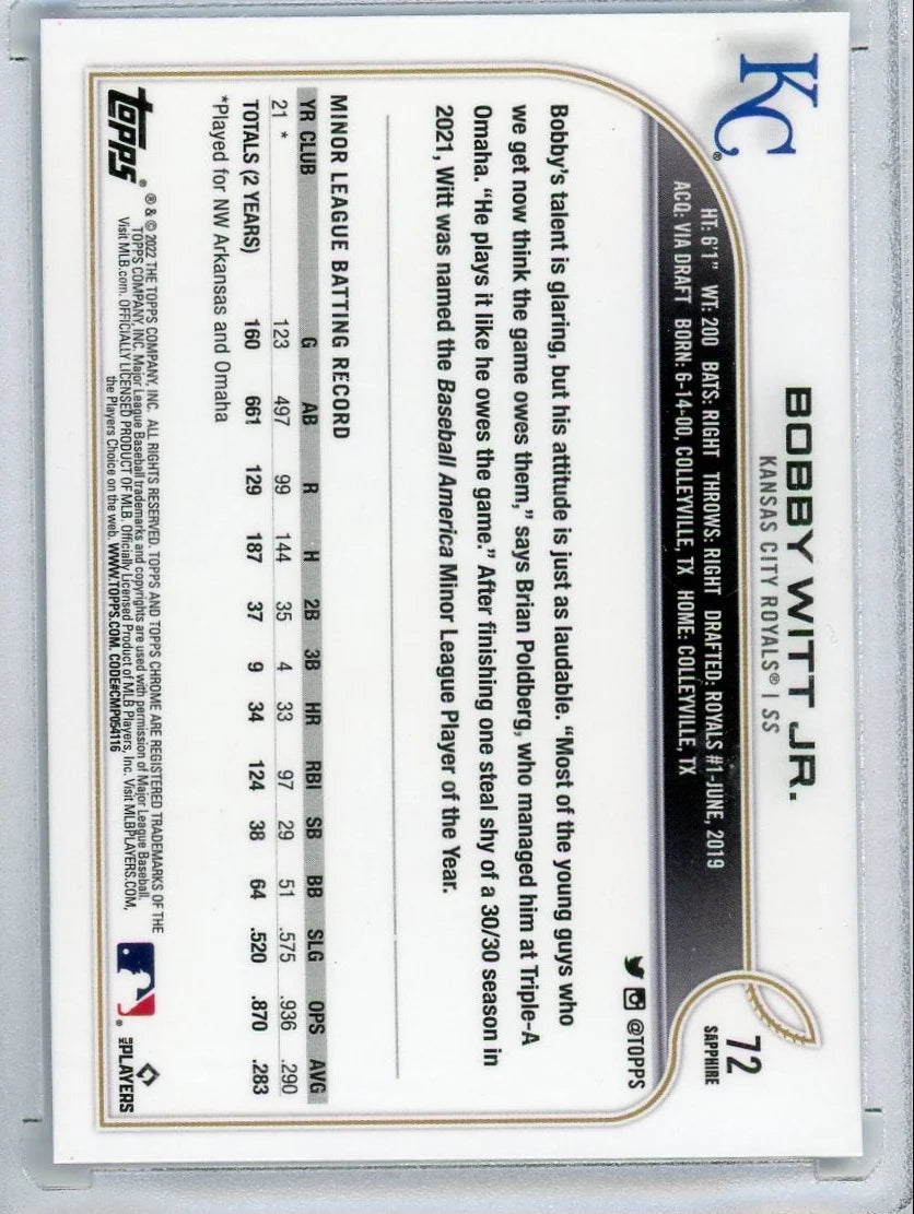 Bobby Witt Jr. 2022 Topps Chrome Sapphire rookie card #72