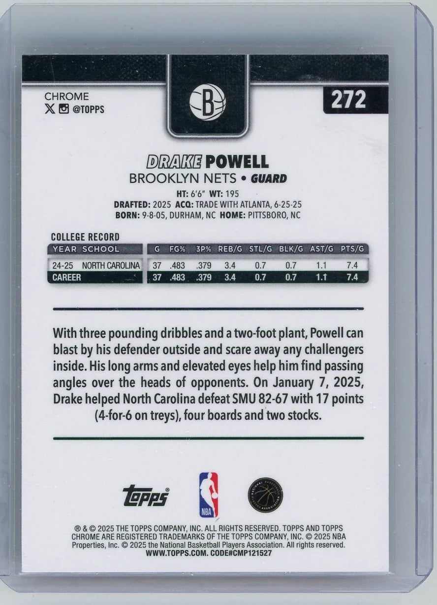 Drake Powell 2025-26 Topps Chrome Purple Wave Refractor RC #'d 61/75