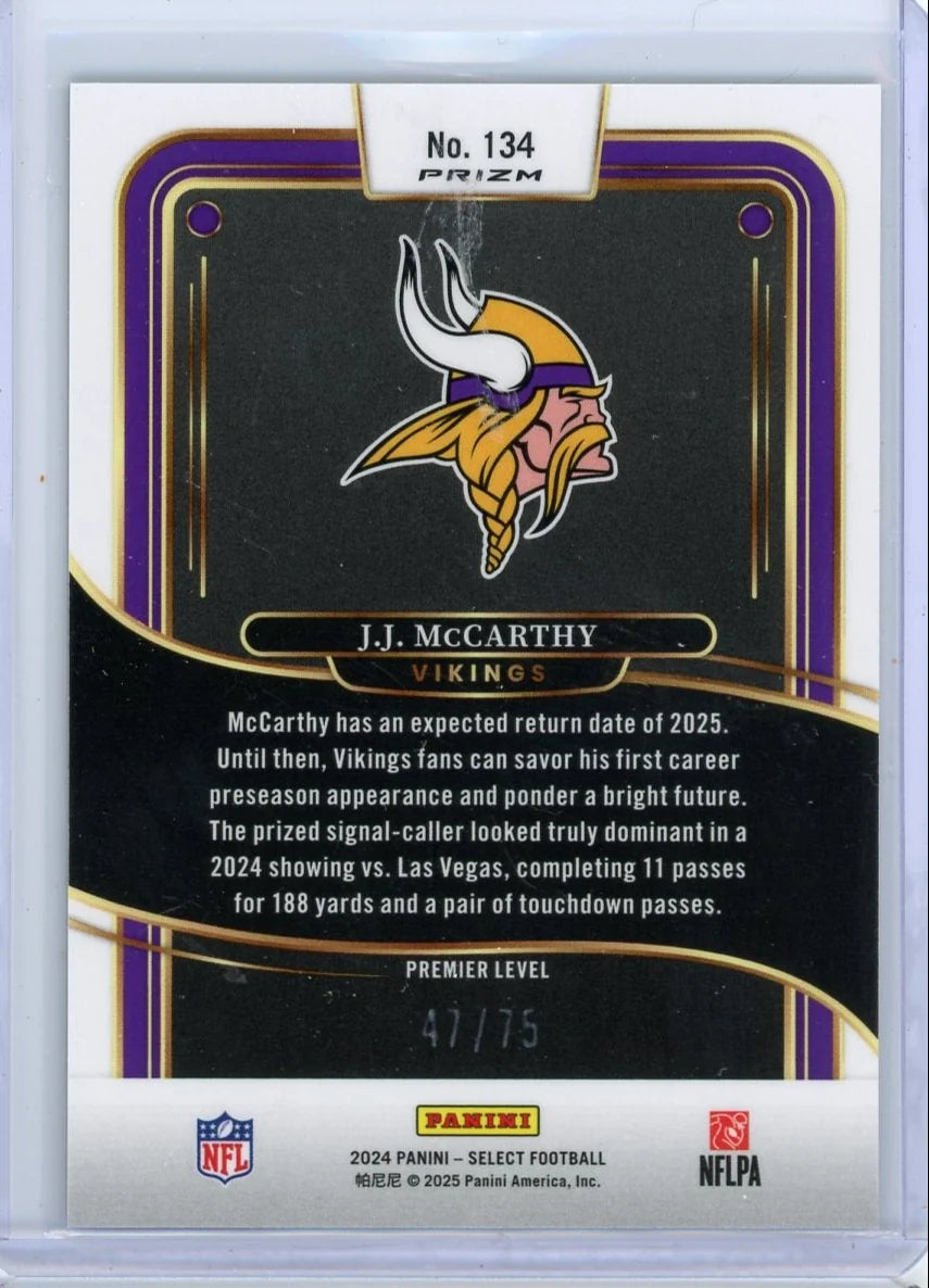 JJ McCarthy 2024 Panini Select purple prizm rc #'d 47/75