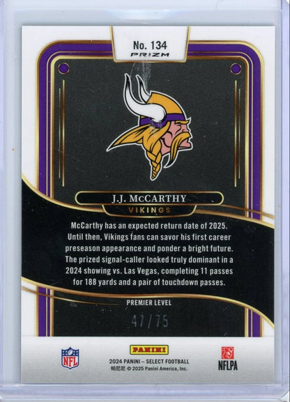 JJ McCarthy 2024 Panini Select purple prizm rc #'d 47/75