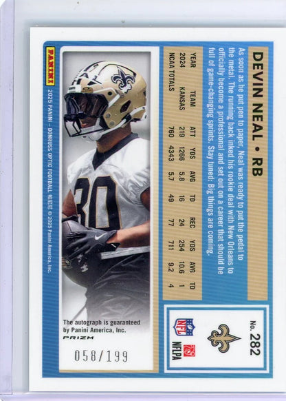 Devin Neal 2025 Panini Donruss Optic Rated Rookie Auto Holo Prizm #'d 058/199