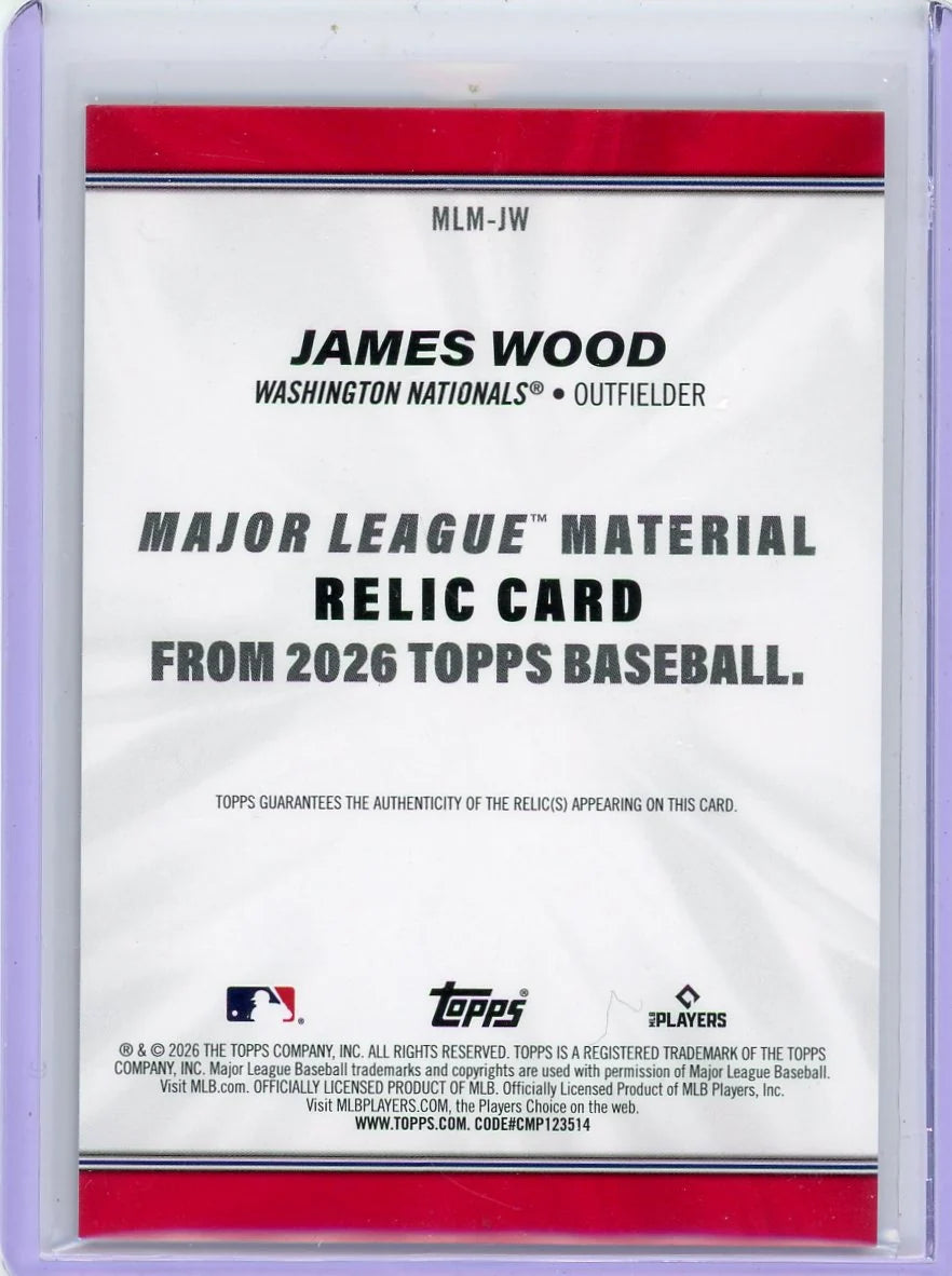James Wood 2026 Topps Series 1 Major League Materials Jersey Relic