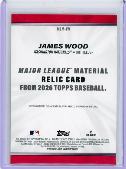 James Wood 2026 Topps Series 1 Major League Materials Jersey Relic