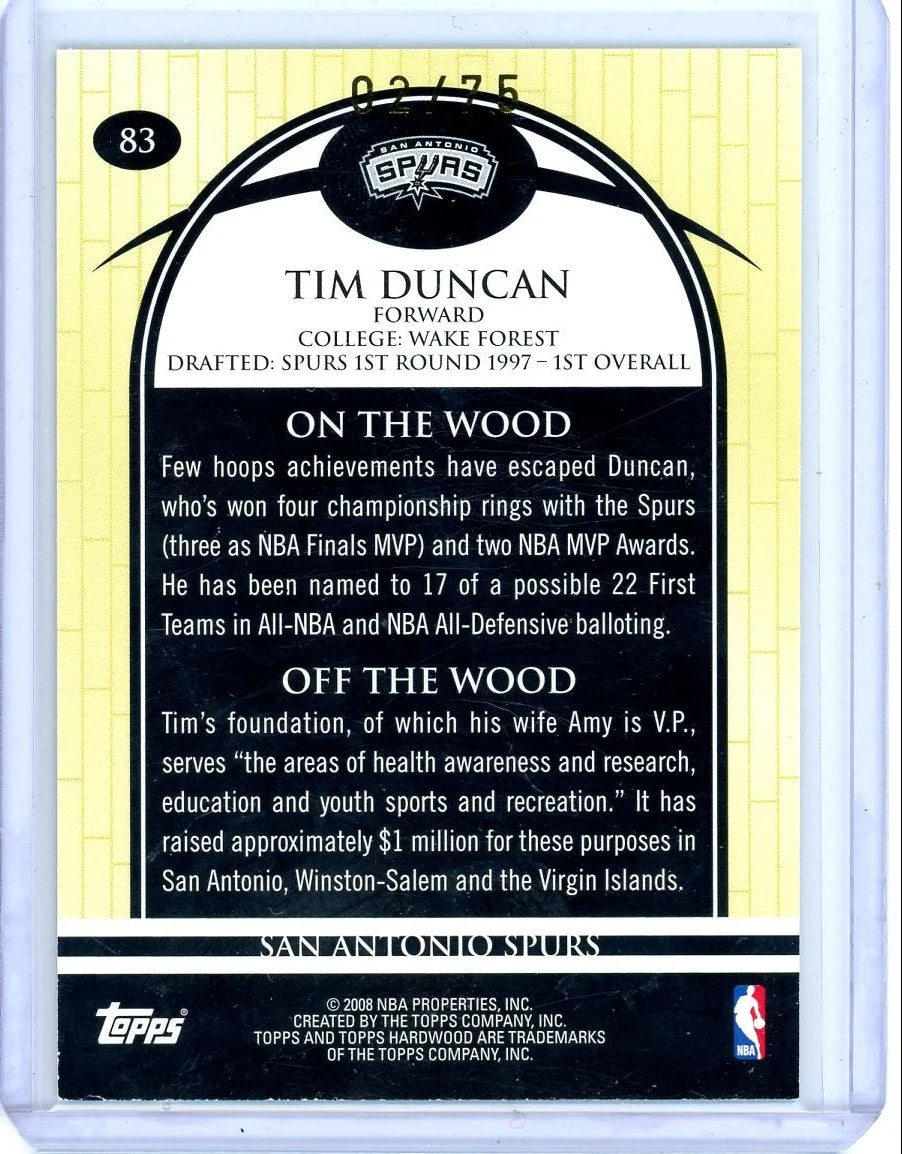 Tim Duncan 2008 Topps Hardwood Wood #'d 02/75