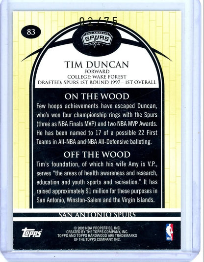 Tim Duncan 2008 Topps Hardwood Wood #'d 02/75