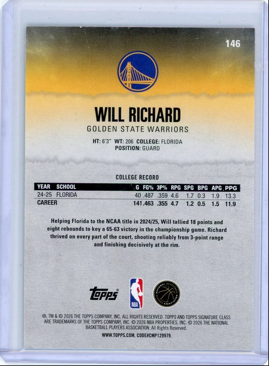 Will Richard 2025-26 Topps Signature Class red RC #'d 18/25