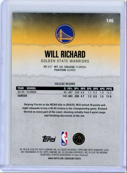 Will Richard 2025-26 Topps Signature Class red RC #'d 18/25