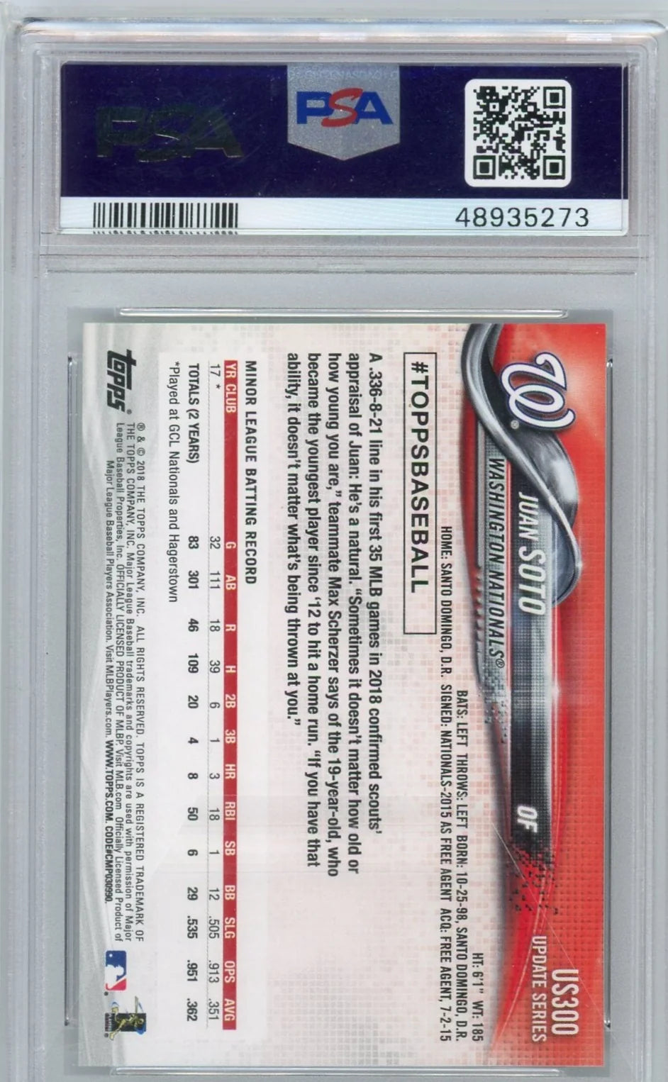 Juan Soto 2018 Topps Update Batting Rookie Card PSA 10