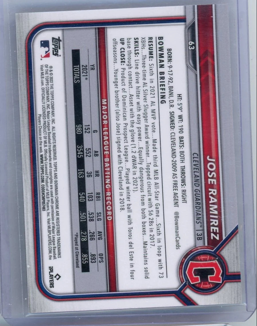 Jose Ramirez 2022 Bowman Chrome Sapphire Orange Sapphire #'d 25/75