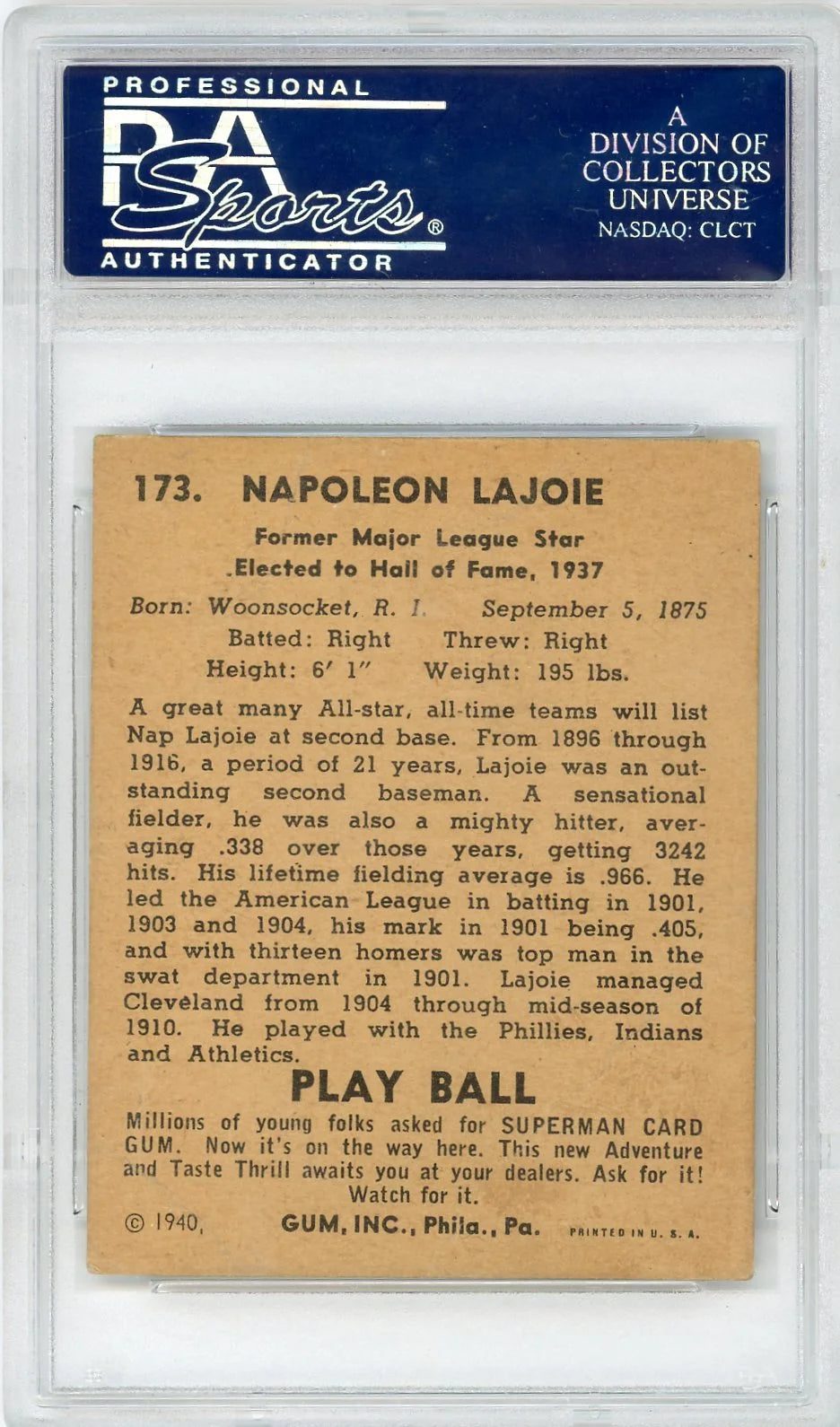 Larry Lajoie 1940 Play Ball #173 PSA 1