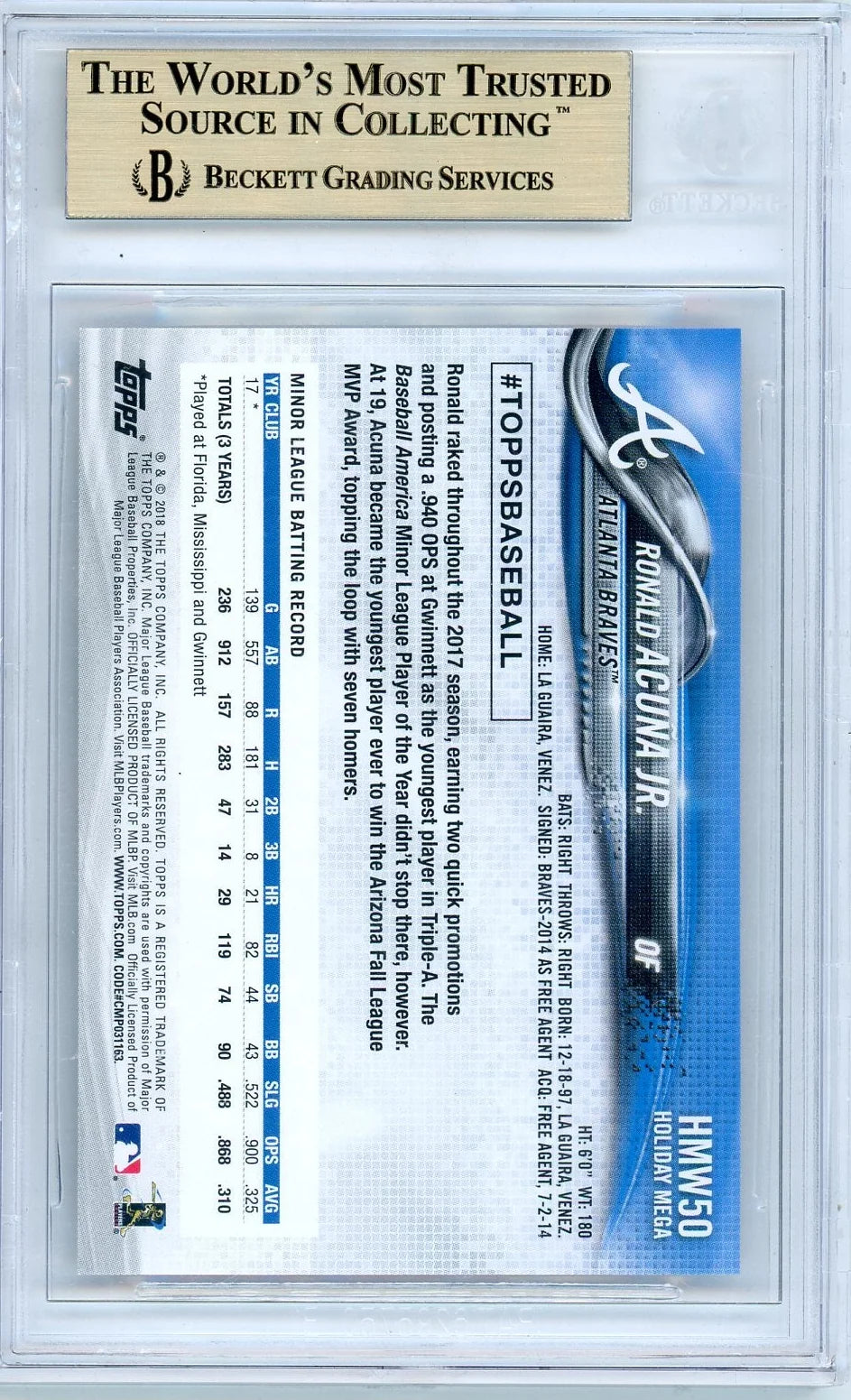Ronald Acuna Jr. 2018 Topps Holiday Snowflake rookie card BGS 10 Pristine