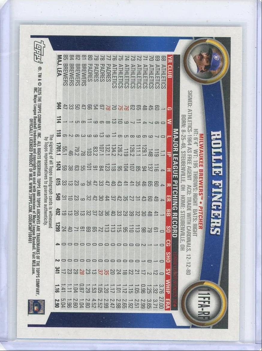 Rollie Fingers 2025 Topps Archives 2011 Topps Fan Favorites Autograph