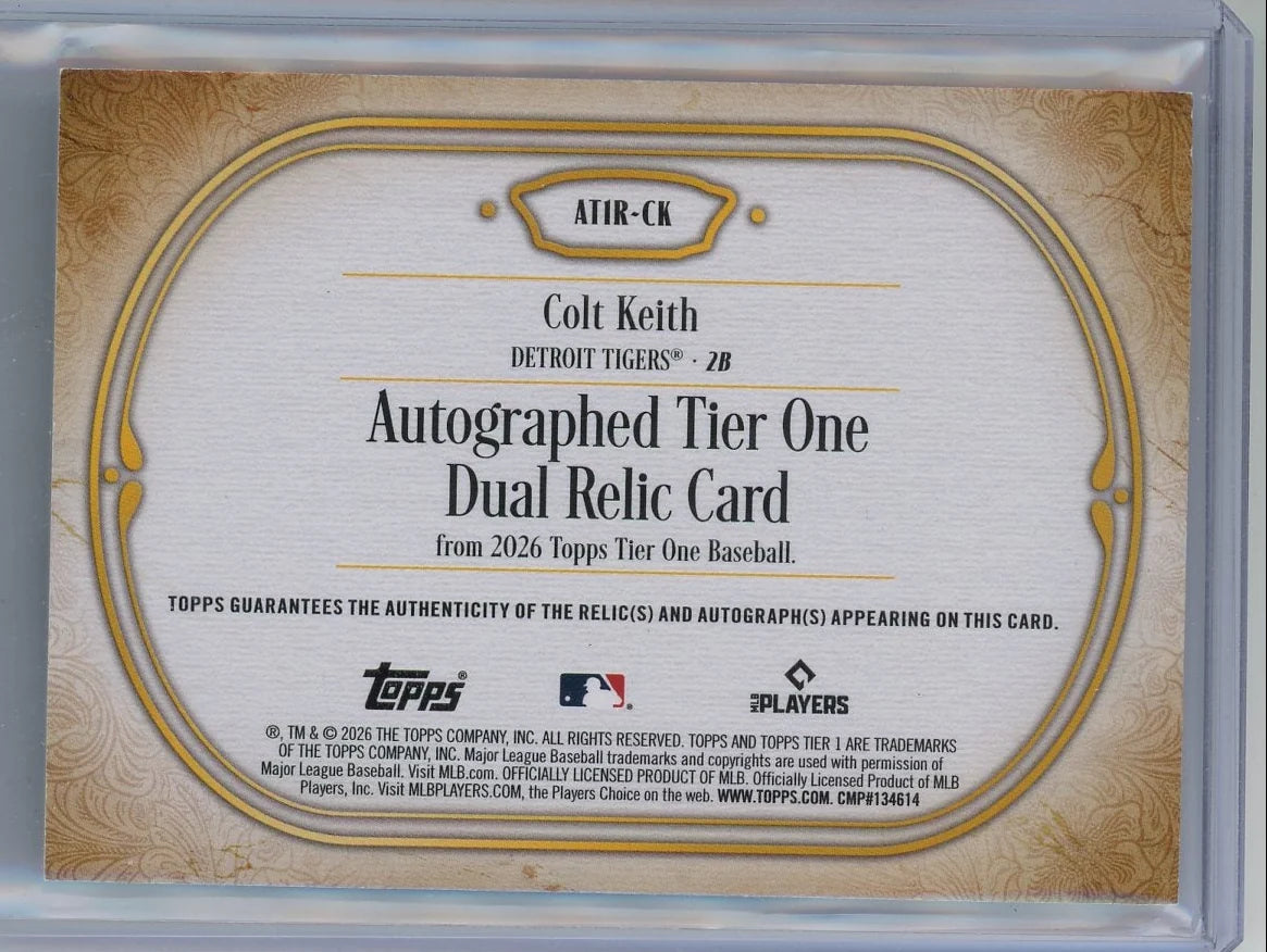 Colt Keith 2026 Topps Tier One Auto'd Dual Relic #ATIR-CK #'d /99