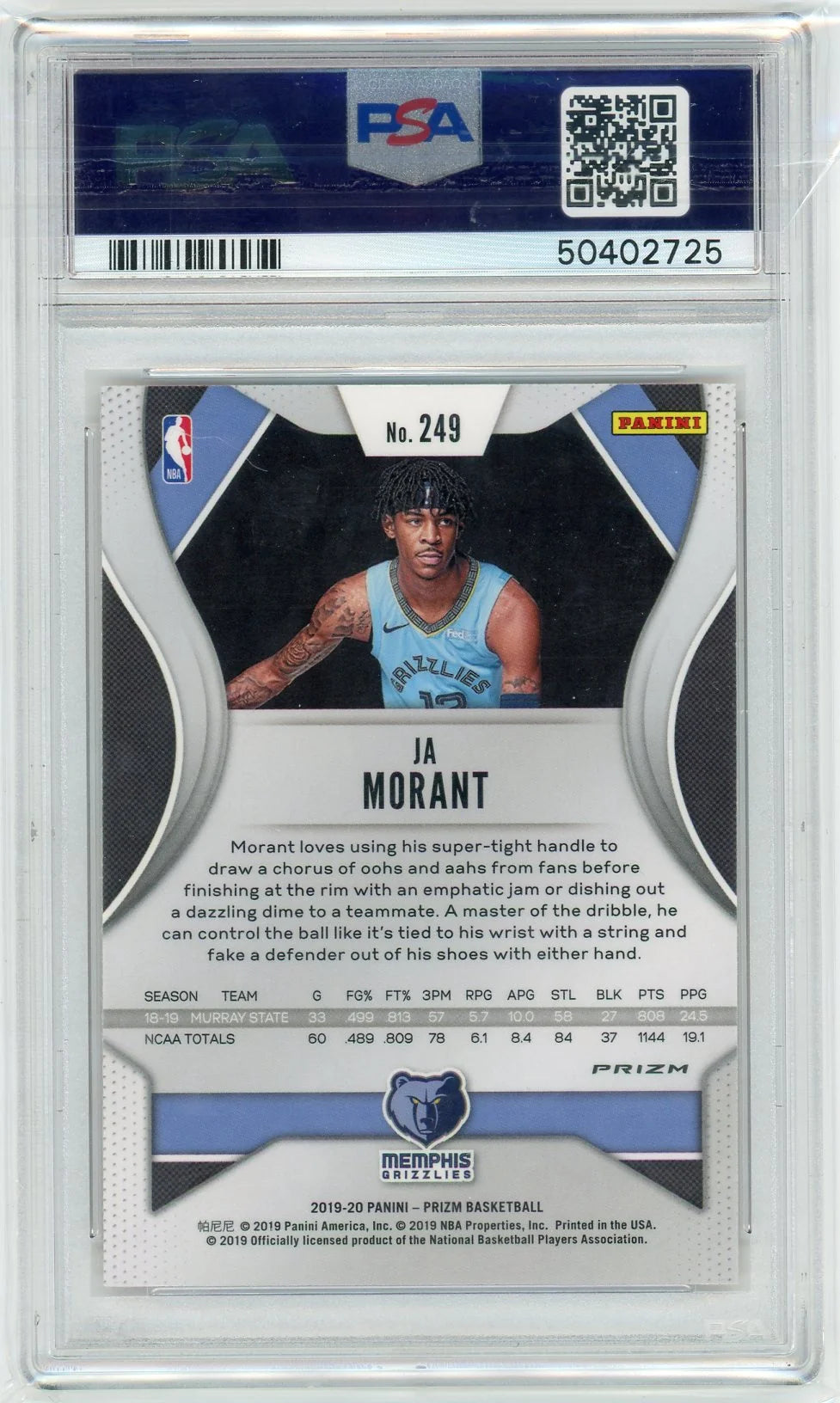 Ja Morant 2019 Panini Prizm Orange Ice Prizm Rookie Card PSA 9
