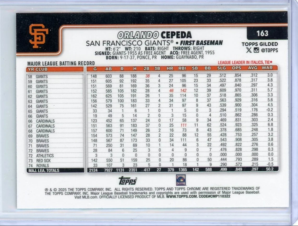 Orlando Cepeda 2025 Topps Chrome Gilded Blue Gold #'d 46/99