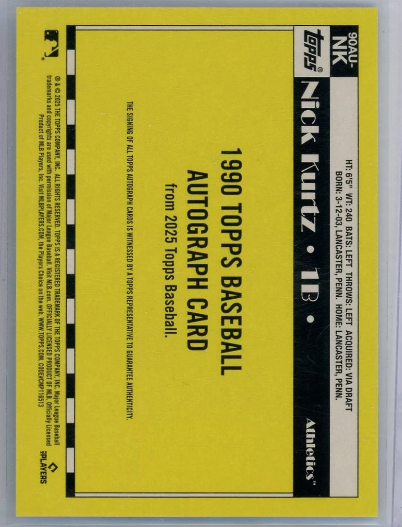 Nick Kurtz 2025 Topps Update Series 1990 Topps Baseball Autographs RC