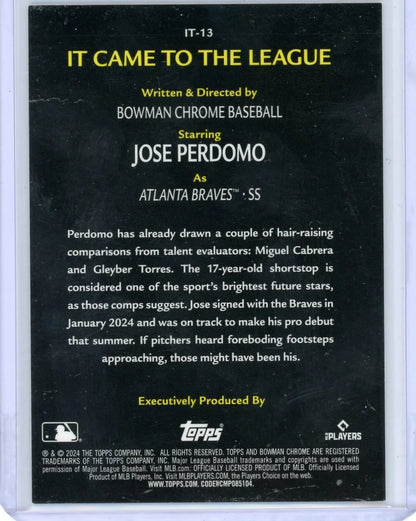 Jose Perdomo 2024 Bowman Chrome It Came to the League mini diamond ref. #'d 019/150