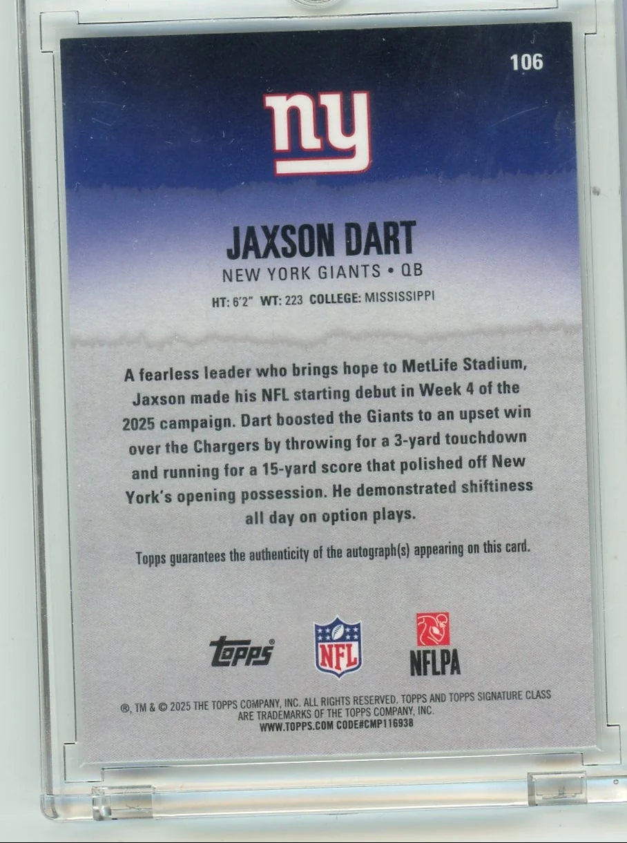 Jaxson Dart 2025 Topps Signature Class Football Orange Lava Autograph #'d 06/50 (Jrsy #)