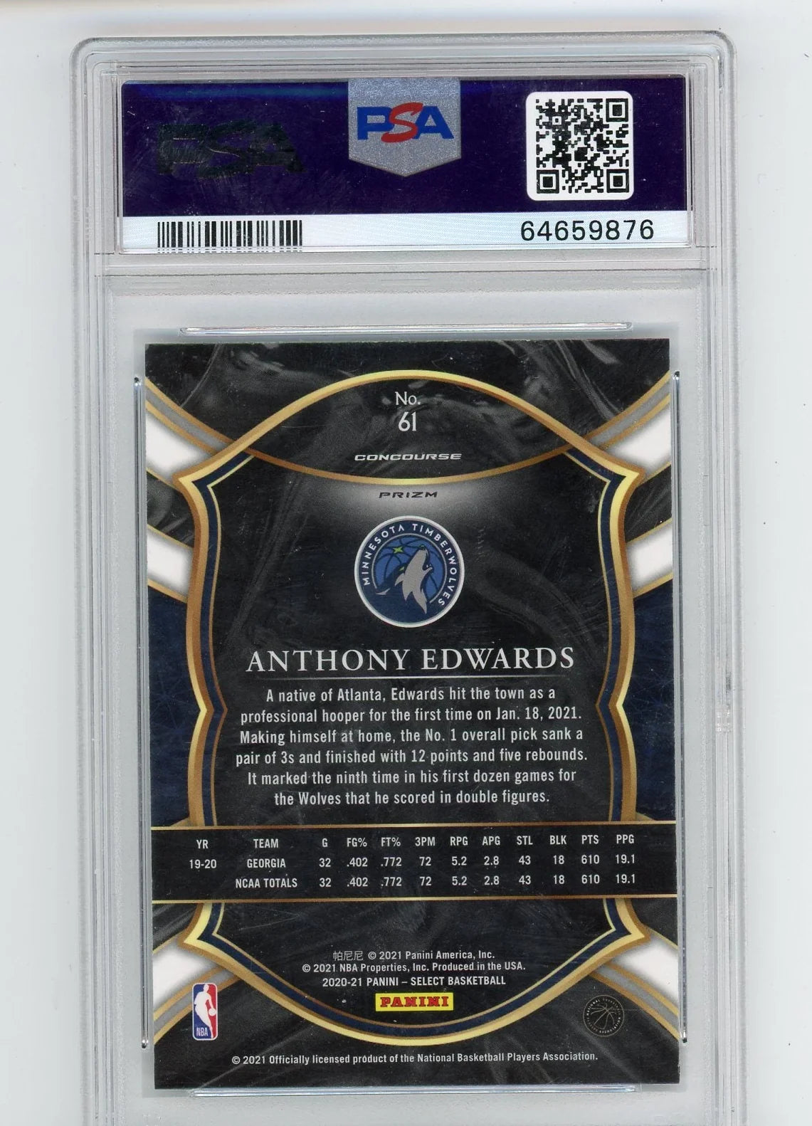 Anthony Edwards 2020 Panini Select Concourse Blue Prizm PSA 10