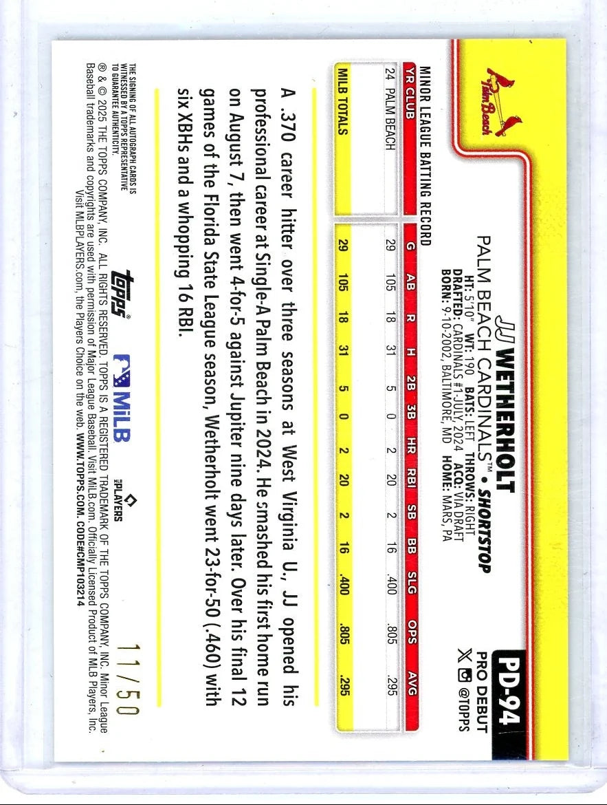 JJ Wetherholt 2025 Topps Pro Debut Gold foil autograph #'d 11/50