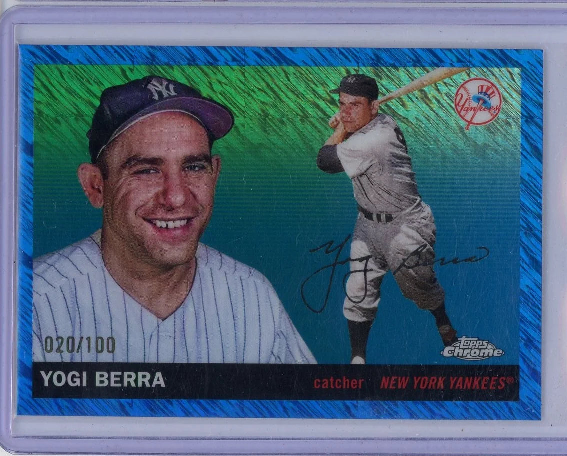 Yogi Berra 2025 Topps Chrome Platinum blue shimmer #'d 020/100