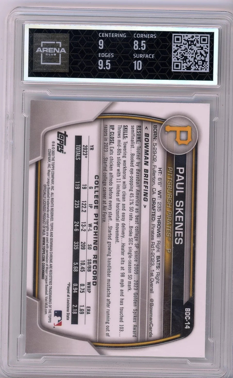 Paul Skenes 2023 Bowman Draft 1st Bowman Chrome Green Grass Refractor #'d 87/99 Arena 9