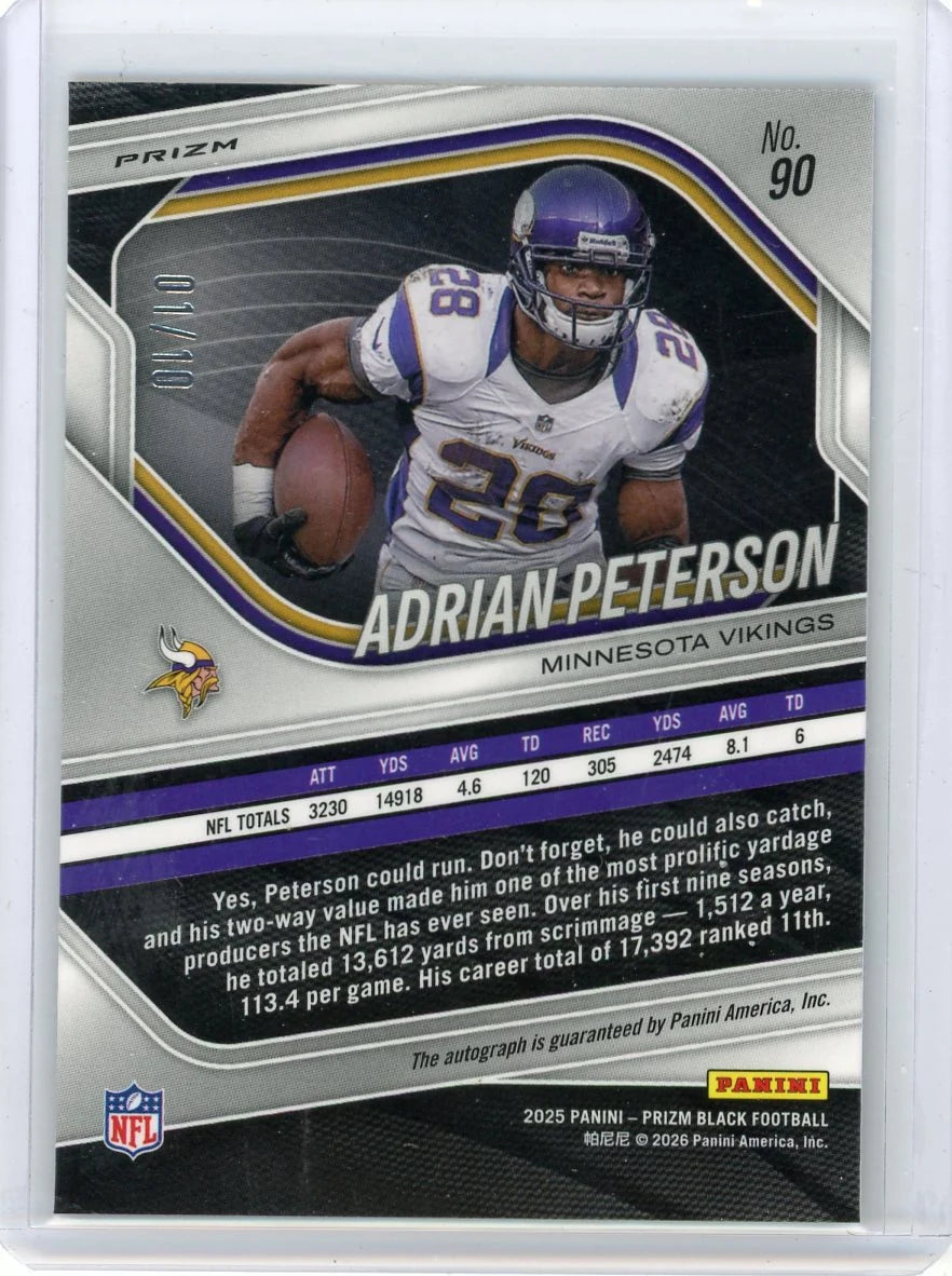 Adrian Peterson 2025 Panini Prizm Gold Shimmer Auto #'d 01/10
